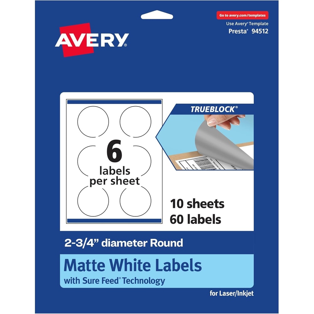 image:imageAvery TrueBlock Matte White Round Labels Sure Feed Technology 275 Diameter 60 Matte White Labels PrinttoTheEdge LaserInkjet Printable Great for Packaging and Product Merchandising60 labels