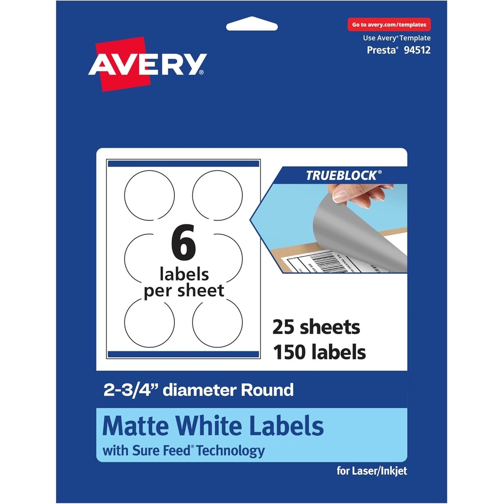 image:imageAvery TrueBlock Matte White Round Labels Sure Feed Technology 275 Diameter 60 Matte White Labels PrinttoTheEdge LaserInkjet Printable Great for Packaging and Product Merchandising150 labels