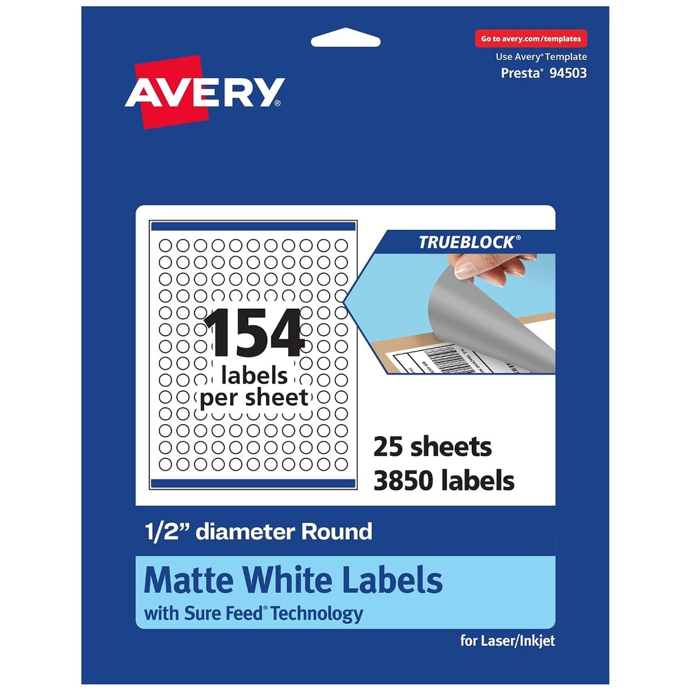 image:imageAvery TrueBlock Matte White Round Labels with Sure Feed 05 Diameter 1540 Matte White Labels PrinttotheEdge LaserInkjet Printable Labels Great for Product Labels and Price Stickers3 850 labels