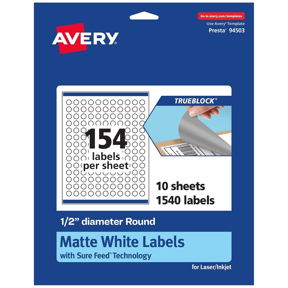 image:imageAvery TrueBlock Matte White Round Labels with Sure Feed 05 Diameter 1540 Matte White Labels PrinttotheEdge LaserInkjet Printable Labels Great for Product Labels and Price Stickers1 540 labels
