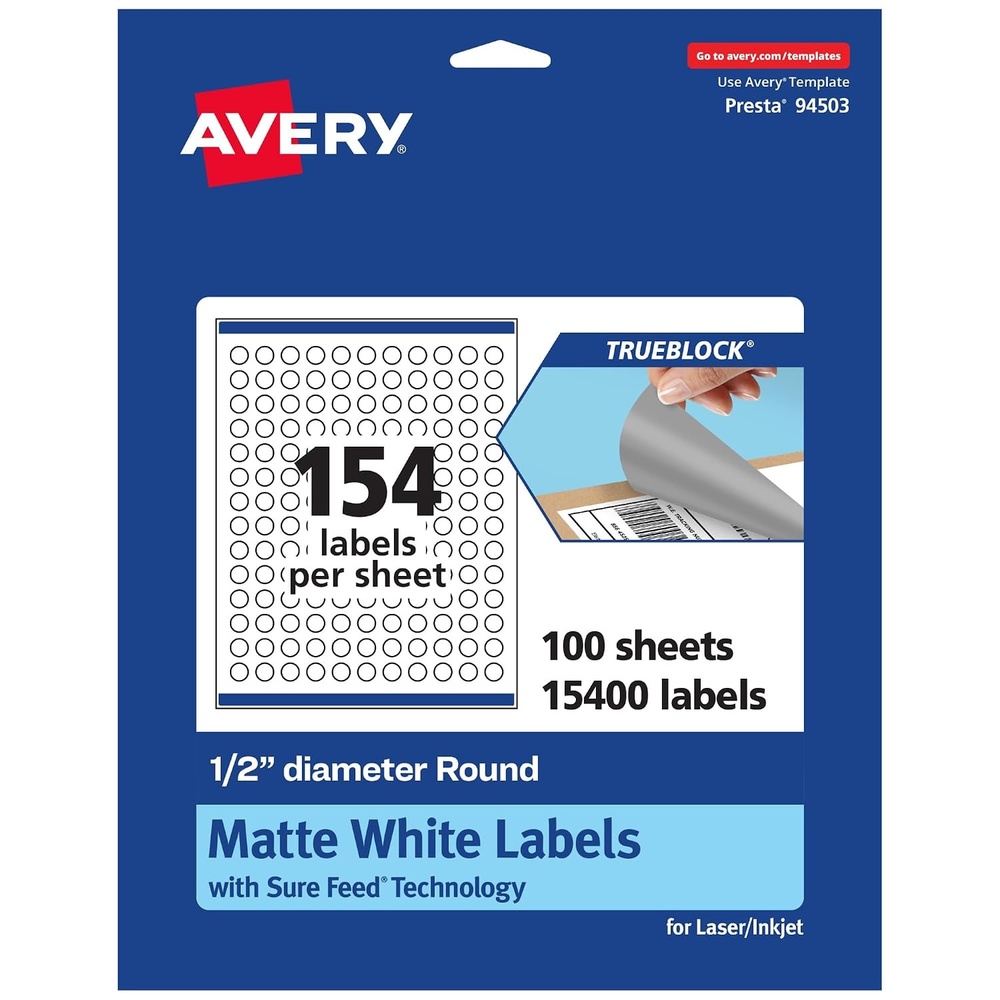 image:imageAvery TrueBlock Matte White Round Labels with Sure Feed 05 Diameter 1540 Matte White Labels PrinttotheEdge LaserInkjet Printable Labels Great for Product Labels and Price Stickers15 400 labels