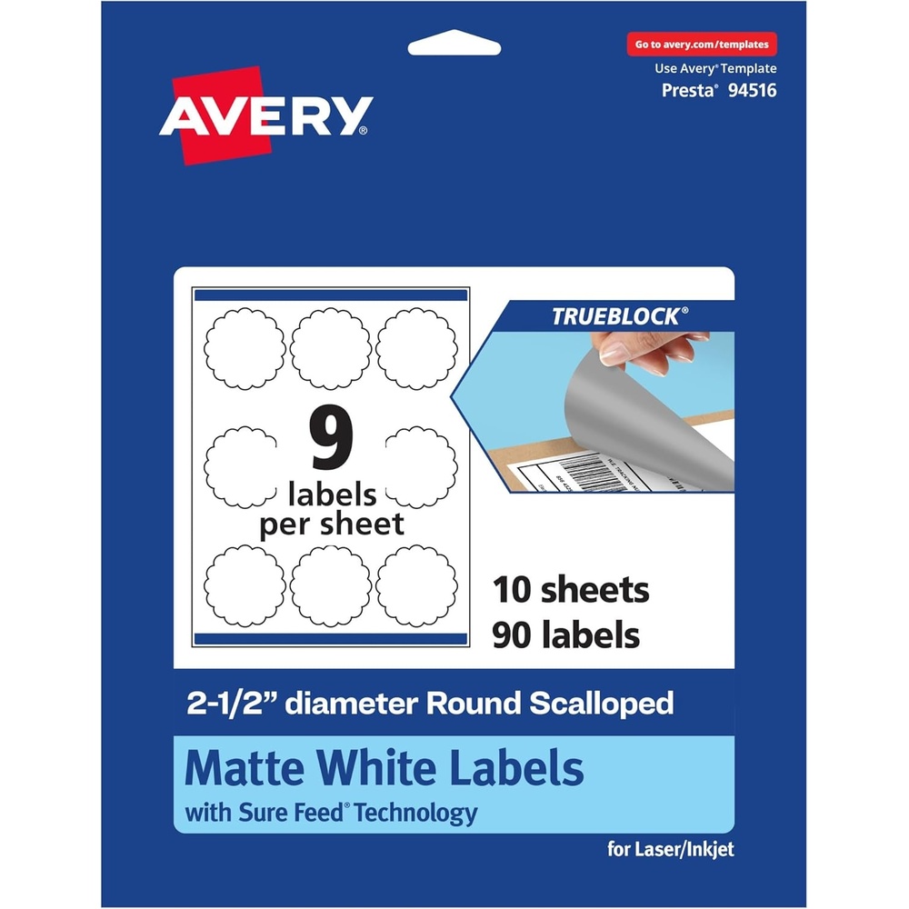 image:imageAvery TrueBlock Matte White Round Scalloped Labels Sure Feed Technology 25 Diameter 90 Matte White Labels PrintToTheEdge LaserInkjet Printable Great for Packaging and Product Merchandising90 labels