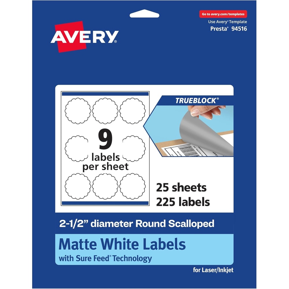 image:imageAvery TrueBlock Matte White Round Scalloped Labels Sure Feed Technology 25 Diameter 90 Matte White Labels PrintToTheEdge LaserInkjet Printable Great for Packaging and Product Merchandising225 labels