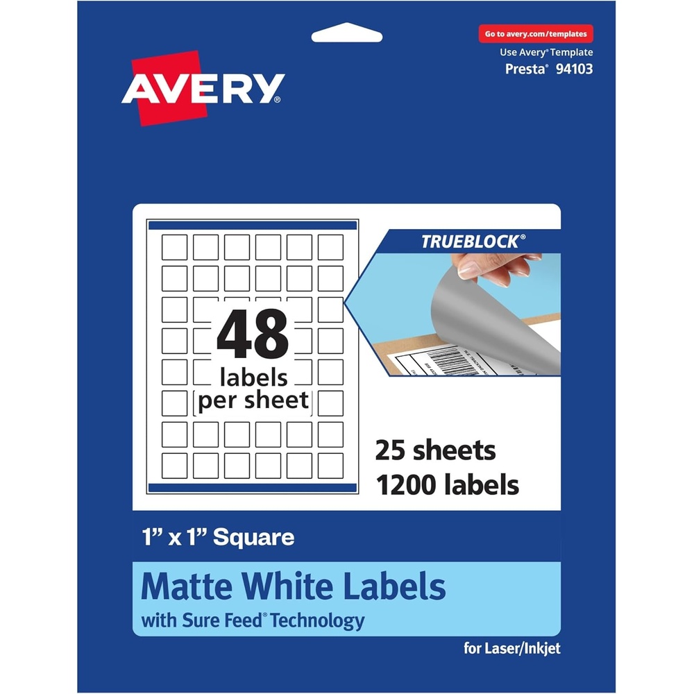 image:imageAvery TrueBlock Matte White Square Labels Sure Feed Technology 1 x 1 480 Matte White Labels PrinttoTheEdge LaserInkjet Printable Great for Product Merchandising Stickers1 200 labels