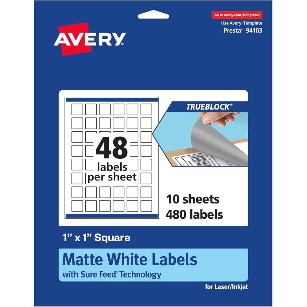 image:imageAvery TrueBlock Matte White Square Labels Sure Feed Technology 1 x 1 480 Matte White Labels PrinttoTheEdge LaserInkjet Printable Great for Product Merchandising Stickers480 labels