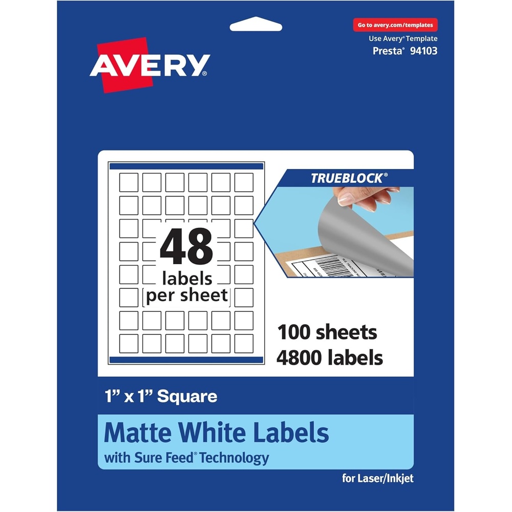 image:imageAvery TrueBlock Matte White Square Labels Sure Feed Technology 1 x 1 480 Matte White Labels PrinttoTheEdge LaserInkjet Printable Great for Product Merchandising Stickers4 800 labels