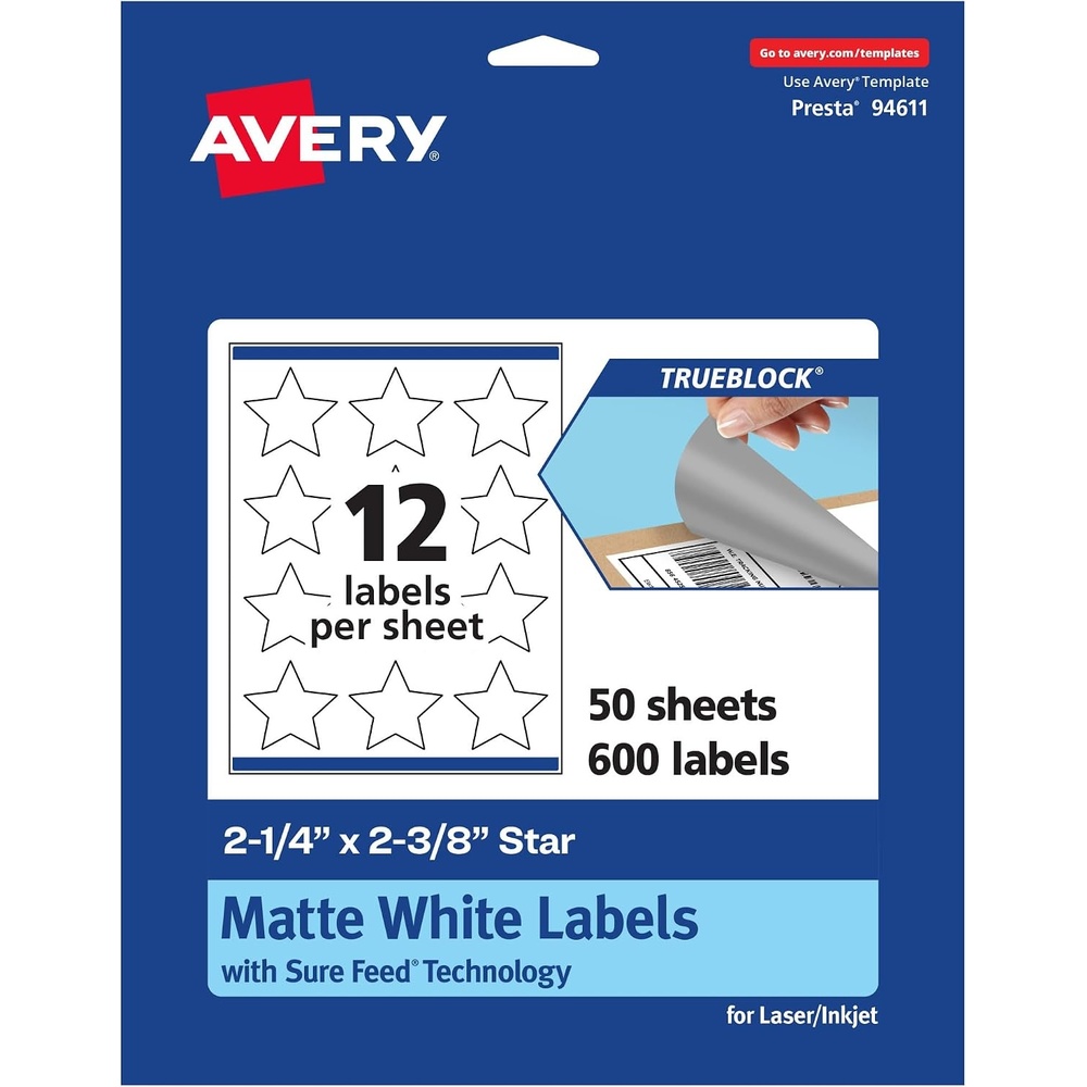 image:imageAvery TrueBlock Matte White Star Labels Sure Feed Technology 214 x 238 120 Matte White Labels PrinttoTheEdge LaserInkjet Printable Great for Making Stickers or Product Merchandising600 labels