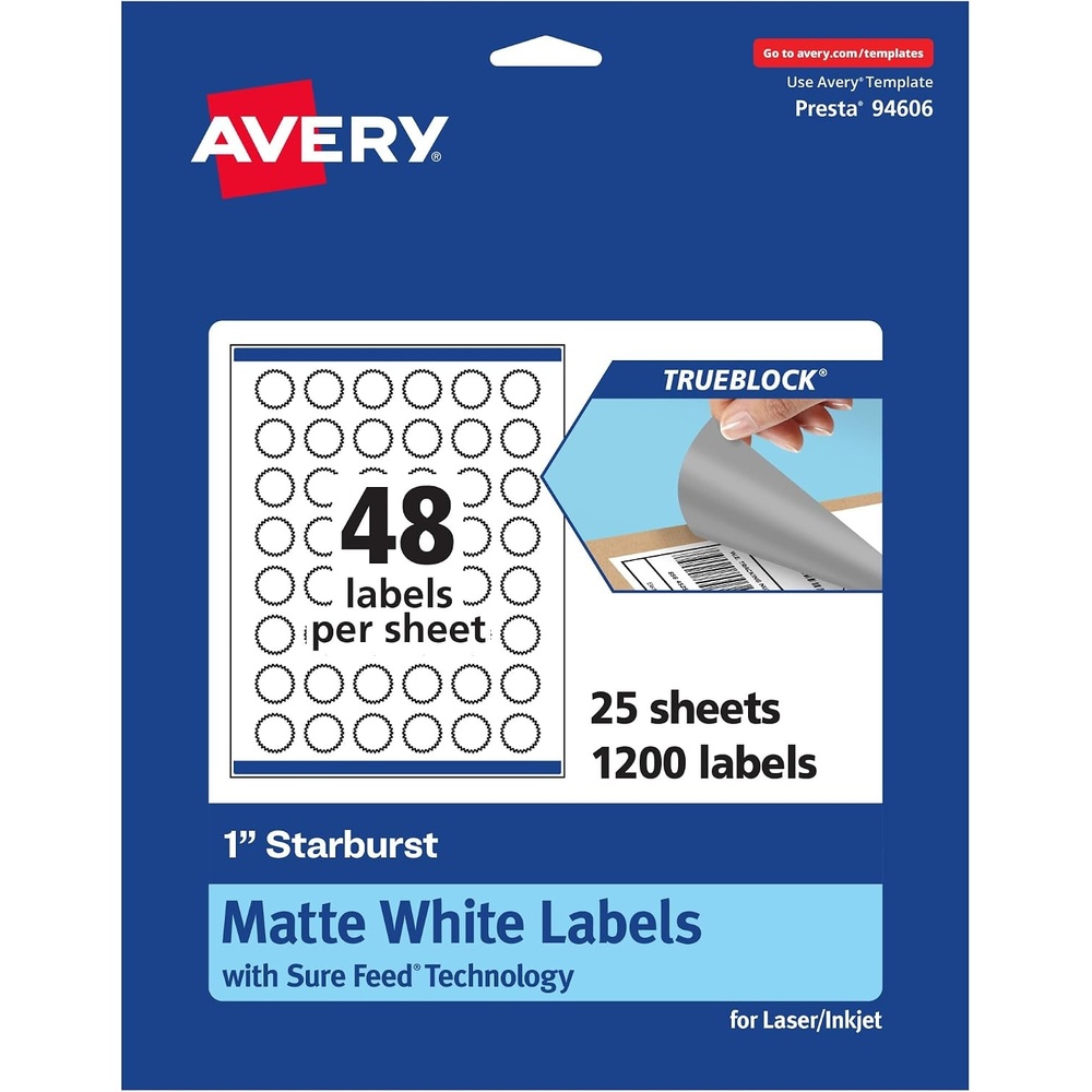 image:imageAvery TrueBlock Matte White Starburst Labels Sure Feed Technology 1 480 Matte White Labels PrinttoTheEdge LaserInkjet Printable Great for Packaging and Product Merchandising1 200 labels