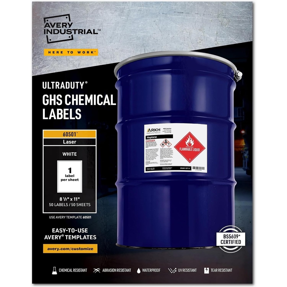 image:imageAvery UltraDuty GHS Chemical Labels for Laser Printers Waterproof UV Resistant 85 x 11 50 Pack 605015