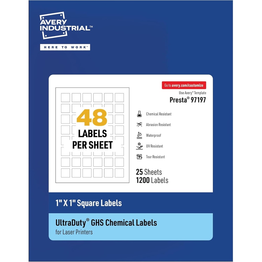 image:imageAvery UltraDuty GHS Labels Waterproof 1 X 1 White Square Labels  1200 Total Use with Laser Printers1 X 1
