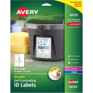 Avery 00755 Easy Align Self-Laminating ID Labels, Laser/Inkjet, 3 1/2 x 4 1/2, White (Pack of 50)