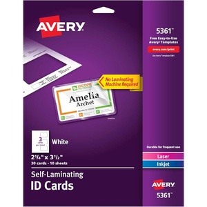 Avery Customizable Self-Laminating ID Cards, 2.25″ x 3.5″, White Printable Inserts, 30 Laminated ID Cards (5361)