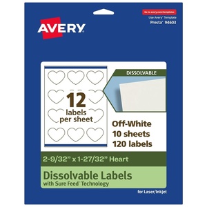 Avery Dissolvable Heart Labels, Sure Feed Technology, 2-9/32″ x 1-27/32″, Matte White, Print-to-The-Edge, Laser/Inkjet Printable, 300 Labels Total(120 labels)