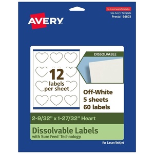 Avery Dissolvable Heart Labels, Sure Feed Technology, 2-9/32″ x 1-27/32″, Matte White, Print-to-The-Edge, Laser/Inkjet Printable, 300 Labels Total(60 labels)