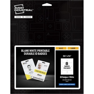 Avery Durable Tall ID Badges for Lanyards, Laser Printable on Both Sides, Blank White, 80 Total, 3.375″ x 2.125″ (61612)(3-3/8″ x 2-1/8″)