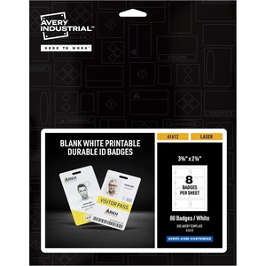 Avery Durable Tall ID Badges for Lanyards, Laser Printable on Both Sides, Blank White, 80 Total, 3.375″ x 2.125″ (61612)(3-3/8″ x 2-1/8″ (Pack of 5))