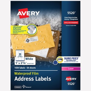 Avery Durable Waterproof Address Labels with Sure Feed Technology, 1″ x 2-5/8″, White, Laser & Pigment-Inkjet Compatible, 1,500 Blank Labels Total, Great for Mailing, Branding, and More (5520)(0)