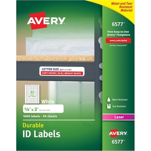 Avery Durable White Cover Up ID Labels for Laser Printers, 0.625″ x 3″, Pack of 1600 (6577)