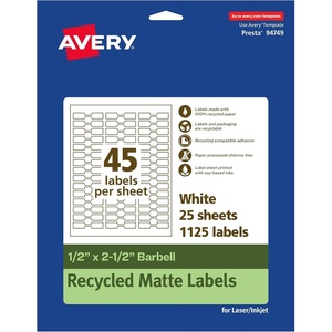 Avery EcoFriendly Matte White Recycled Barbell Labels, 0.5″ x 2.5″, Matte White Labels, Permanent Adhesive, Laser/Inkjet Printable, 450 Total(.5″ X 2.5″)