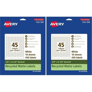 Avery EcoFriendly Matte White Recycled Barbell Labels, 0.5″ x 2.5″, Matte White Labels, Permanent Adhesive, Laser/Inkjet Printable, 450 Total(.5″ X 2.5″ (Pack of 2))