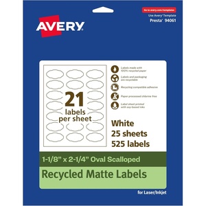 Avery EcoFriendly Matte White Recycled Oval Scalloped Labels, 1-1/8″ x 2-1/4″, Print-to-The-Edge, Matte White Labels, Permanent Adhesive, Laser/Inkjet Printable, 210 Total(525 labels)
