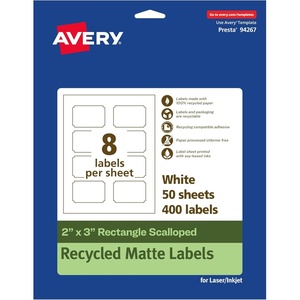 Avery EcoFriendly Matte White Recycled Rectangle Scalloped Labels, 2″ x 3″, Print-to-The-Edge, Matte White Labels, Permanent Adhesive, Laser/Inkjet Printable, 400 Total(400 labels)
