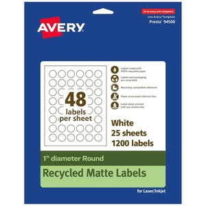 Avery EcoFriendly Matte White Recycled Round Labels, 1″ Diameter, Print-to-The-Edge, Matte White Labels, Permanent Adhesive, Laser/Inkjet Printable, 480 Total(1 200 Labels)