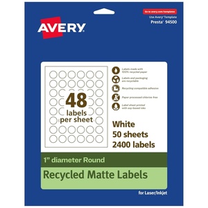 Avery EcoFriendly Matte White Recycled Round Labels, 1″ Diameter, Print-to-The-Edge, Matte White Labels, Permanent Adhesive, Laser/Inkjet Printable, 480 Total(2 400 Labels)
