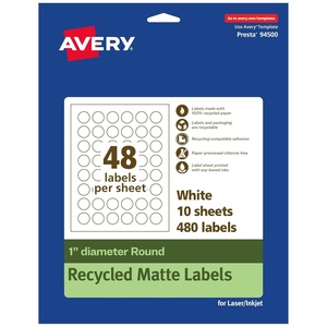 Avery EcoFriendly Matte White Recycled Round Labels, 1″ Diameter, Print-to-The-Edge, Matte White Labels, Permanent Adhesive, Laser/Inkjet Printable, 480 Total(480 Labels)