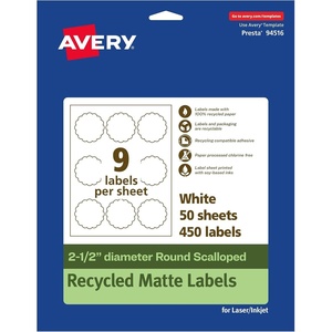 Avery EcoFriendly Matte White Recycled Round Scalloped Labels, 2.5″ Diameter, Print-to-The-Edge, Matte White Labels, Permanent Adhesive, Laser/Inkjet Printable, 90 Total(450 labels)