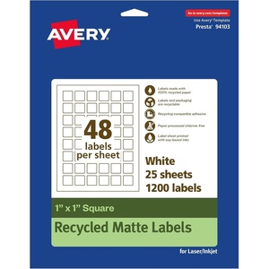 Avery EcoFriendly Matte White Recycled Square Labels, 1″ x 1″, Print-to-The-Edge, Matte White Labels, Permanent Adhesive, Laser/Inkjet Printable, 1,200 Total(1 200 labels)