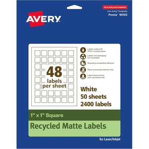 Avery EcoFriendly Matte White Recycled Square Labels, 1″ x 1″, Print-to-The-Edge, Matte White Labels, Permanent Adhesive, Laser/Inkjet Printable, 1,200 Total(2 400 labels)