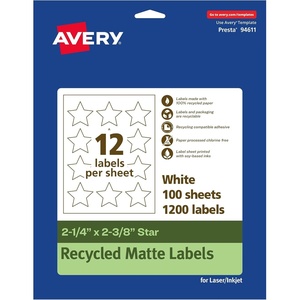 Avery EcoFriendly Matte White Recycled Star Labels, 2-1/4″ x 2-3/8″, Print-to-The-Edge, Matte White Labels, Permanent Adhesive, Laser/Inkjet Printable, 120 Total(1 200 labels)