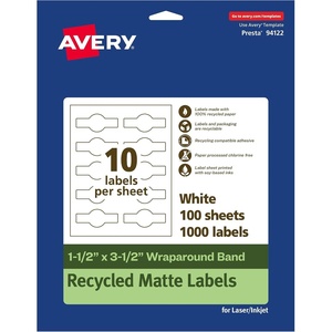 Avery EcoFriendly Recycled Wraparound Band Labels, 1.5″ x 3.5″, Cigar Band Labels, Matte White, Permanent Adhesive, Print-to-The-Edge, Laser/Inkjet Printable, 100 Total(1 000 labels)