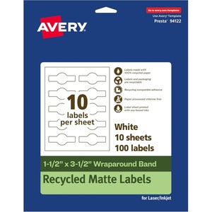Avery EcoFriendly Recycled Wraparound Band Labels, 1.5″ x 3.5″, Cigar Band Labels, Matte White, Permanent Adhesive, Print-to-The-Edge, Laser/Inkjet Printable, 100 Total(100 labels)
