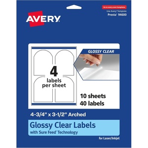 Avery Glossy Clear Arched Labels, Sure Feed Technology, 4.75″ x 3.5″, 40 Glossy Clear Labels, Print-to-The-Edge, Laser/Inkjet Printable(40 labels)