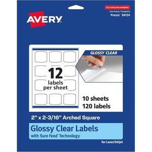 Avery Glossy Clear Arched Square Labels, Sure Feed Technology, 2″ x 2-3/16″, 120 Glossy Clear Labels, Print-to-The-Edge, Laser/Inkjet Printable(120 labels)