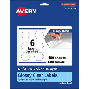 Avery Glossy Clear Hexagon Labels, Sure Feed Technology, 2-1/2″ x 2-57/64″, 60 Glossy Clear Labels, Print-to-The-Edge, Laser/Inkjet Printable(600 labels)