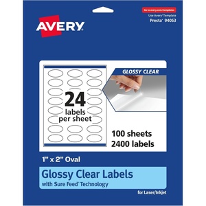 Avery Glossy Clear Oval Labels, Sure Feed Technology, 1″ x 2″, 240 Glossy Clear Labels, Print-to-The-Edge, Laser/Inkjet Printable(2 400 labels)