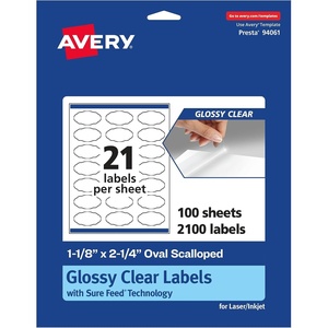 Avery Glossy Clear Oval Scalloped Labels, Sure Feed Technology, 1-1/8″ x 2-1/4″, 525 Glossy Clear Labels, Print-To-The-Edge, Laser/Inkjet Printable(2 100 labels)