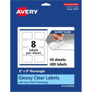 Avery Glossy Clear Rectangle Labels, Sure Feed Technology, 2″ x 3″, 80 Glossy Clear Labels, Print-to-The-Edge, Laser/Inkjet Printable(400 labels)
