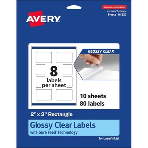 Avery Glossy Clear Rectangle Labels, Sure Feed Technology, 2″ x 3″, 80 Glossy Clear Labels, Print-to-The-Edge, Laser/Inkjet Printable(80 labels)