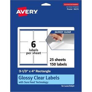 Avery Glossy Clear Rectangle Labels, Sure Feed Technology, 3-1/3″ x 4″, 30 Glossy Clear Labels, Laser/Inkjet Printable(150 labels)