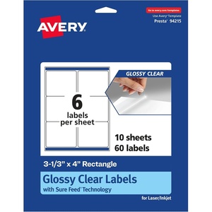 Avery Glossy Clear Rectangle Labels, Sure Feed Technology, 3-1/3″ x 4″, 30 Glossy Clear Labels, Laser/Inkjet Printable(60 labels)