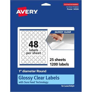 Avery Glossy Clear Round Labels, Sure Feed Technology, 1″ Diameter, 240 Glossy Clear Labels, Print-to-The-Edge, Laser/Inkjet Printable(1 200 labels)