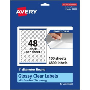 Avery Glossy Clear Round Labels, Sure Feed Technology, 1″ Diameter, 240 Glossy Clear Labels, Print-to-The-Edge, Laser/Inkjet Printable(4 800 labels)