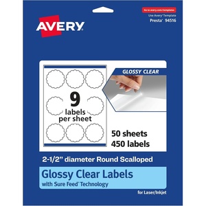 Avery Glossy Clear Round Scalloped Labels, Sure Feed Technology, 2.5″ Diameter, 225 Glossy Clear Labels, Print-to-The-Edge, Laser/Inkjet Printable(450 labels)
