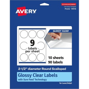 Avery Glossy Clear Round Scalloped Labels, Sure Feed Technology, 2.5″ Diameter, 225 Glossy Clear Labels, Print-to-The-Edge, Laser/Inkjet Printable(90 labels)