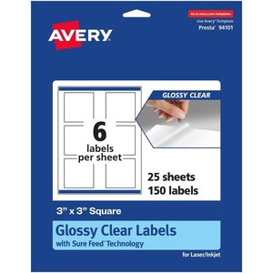 Avery Glossy Clear Square Labels, Sure Feed Technology, 3″ x 3″, 30 Glossy Clear Labels, Print-To-The-Edge, Laser/Inkjet Printable(150 labels)