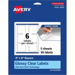 Avery Glossy Clear Square Labels, Sure Feed Technology, 3″ x 3″, 30 Glossy Clear Labels, Print-To-The-Edge, Laser/Inkjet Printable(30 labels)
